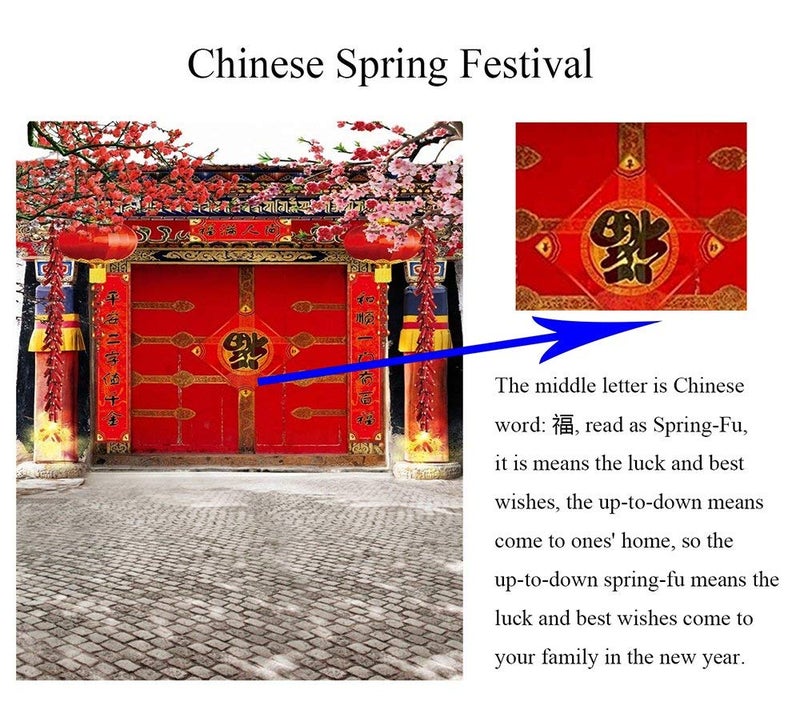 AOFOTO 8x10ft Lunar New Year Backdrop Chinese New Year Decorations Spring Festival Couplets Backgrounds China Red Gate Courtyard Firecrackers Lantern Bloom Plum Flowers Backdrop Family Portrait Props - Image 3
